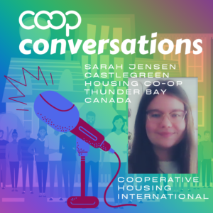 Poster with coop conversations as the title. Image of Sarah Jensen. Graphic of microphone.