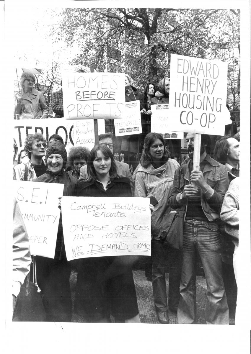 Edward Henry House - Tenants of the community campaigning for co-operative housing on the Southbank of the Thames, Central London circa 1983