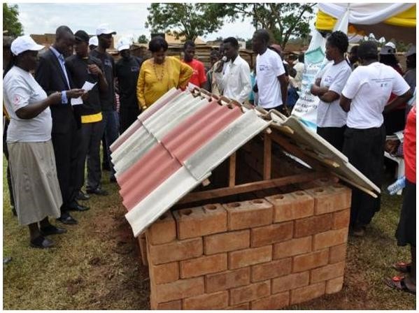 A demo unit constructed by members of the PHCs using the interlocking blocks and the roofing tiles that they make